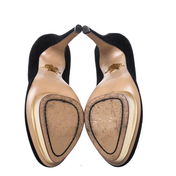 Pre Owned Charlotte Olympia Black Suede Dolly Platform Pumps Size 36