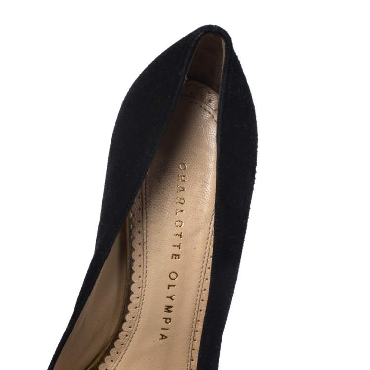 Pre Owned Charlotte Olympia Black Suede Dolly Platform Pumps Size 36