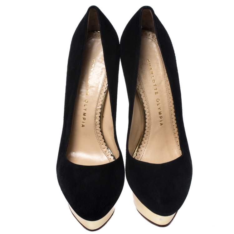 Pre Owned Charlotte Olympia Black Suede Dolly Platform Pumps Size 36