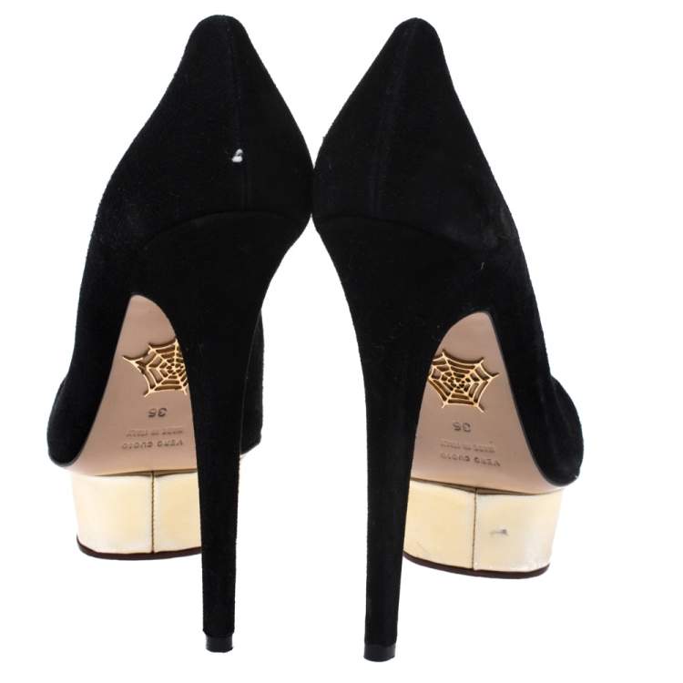 Pre Owned Charlotte Olympia Black Suede Dolly Platform Pumps Size 36