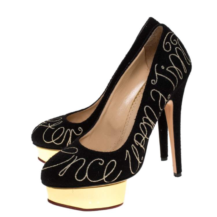Pre Owned Charlotte Olympia Black 'Happily Ever After" Embroidered Felt Dolly Platform Pumps Size 38.5