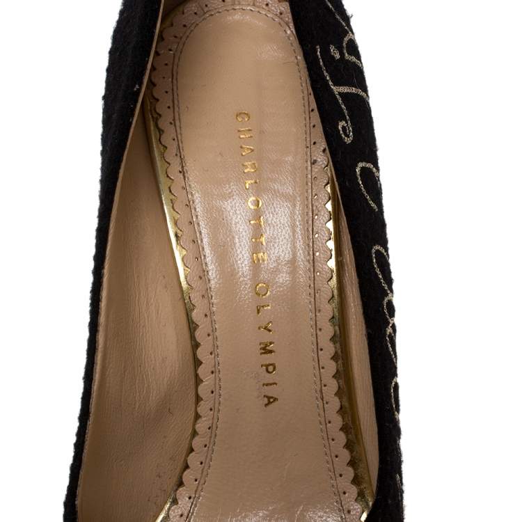 Pre Owned Charlotte Olympia Black 'Happily Ever After" Embroidered Felt Dolly Platform Pumps Size 38.5