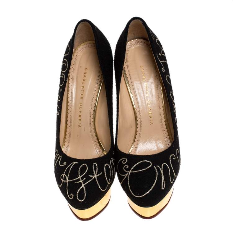 Pre Owned Charlotte Olympia Black 'Happily Ever After" Embroidered Felt Dolly Platform Pumps Size 38.5