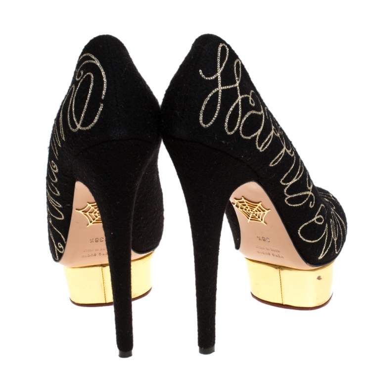 Pre Owned Charlotte Olympia Black 'Happily Ever After" Embroidered Felt Dolly Platform Pumps Size 38.5
