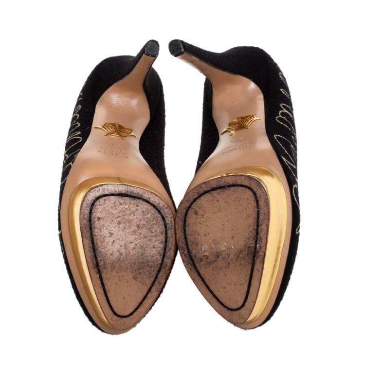 Pre Owned Charlotte Olympia Black 'Happily Ever After" Embroidered Felt Dolly Platform Pumps Size 38.5