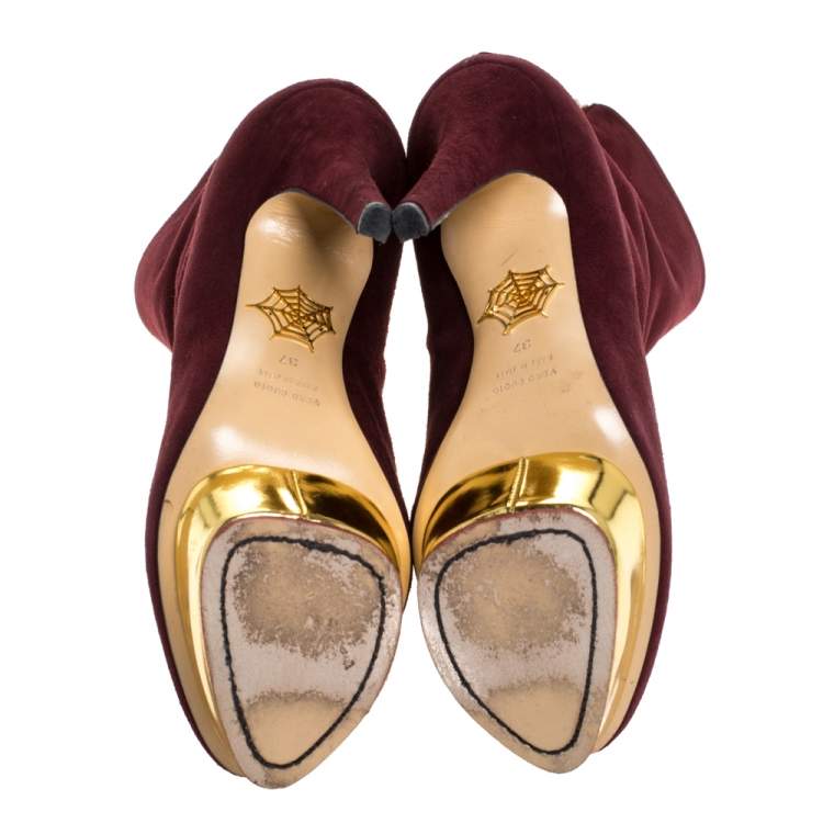 Pre Owned Charlotte Olympia Aubergine/Gold Suede And Leather Lucinda Platform Ankle Boots Size 37