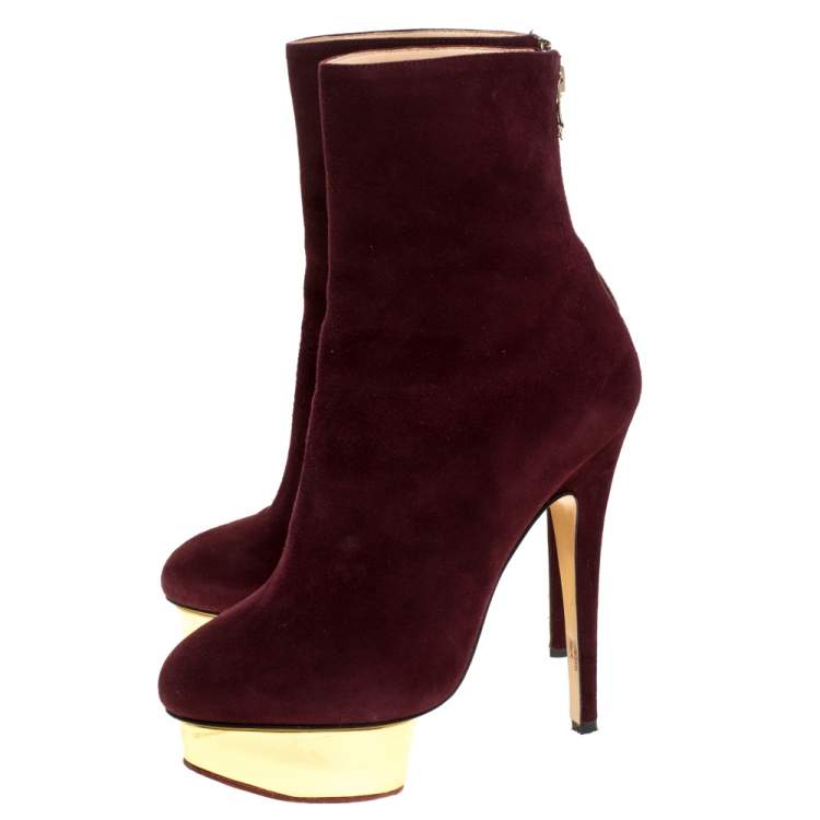 Pre Owned Charlotte Olympia Aubergine/Gold Suede And Leather Lucinda Platform Ankle Boots Size 37