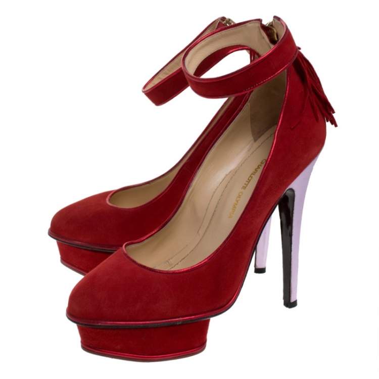 Pre Owned Charlotte Olympia Red Suede Dolores Ankle Strap Platform Pumps Size 37