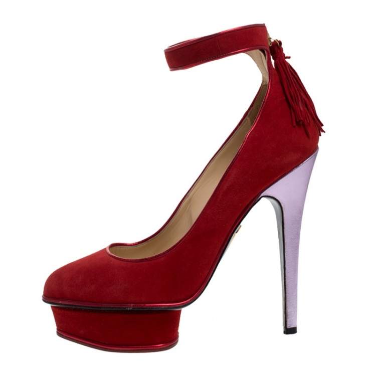Pre Owned Charlotte Olympia Red Suede Dolores Ankle Strap Platform Pumps Size 37