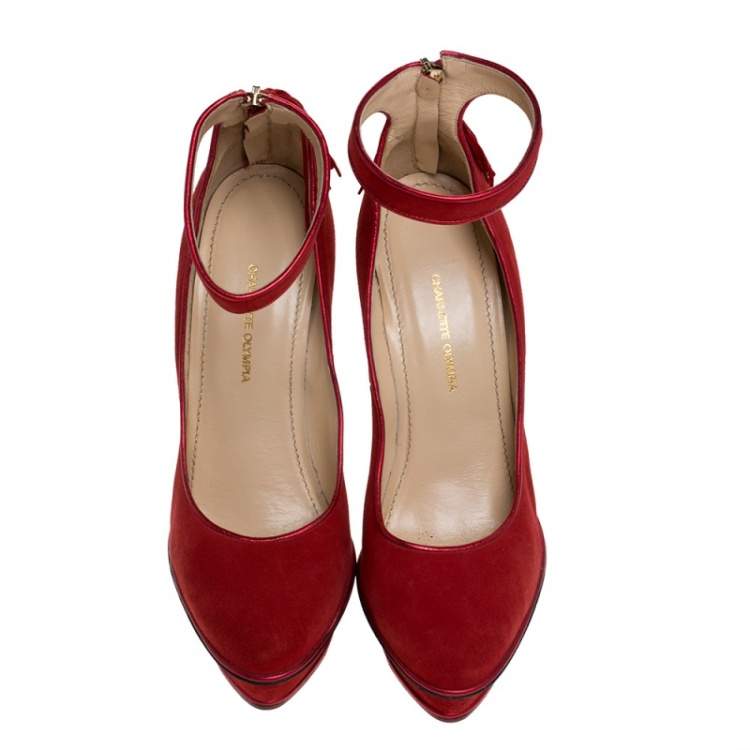 Pre Owned Charlotte Olympia Red Suede Dolores Ankle Strap Platform Pumps Size 37