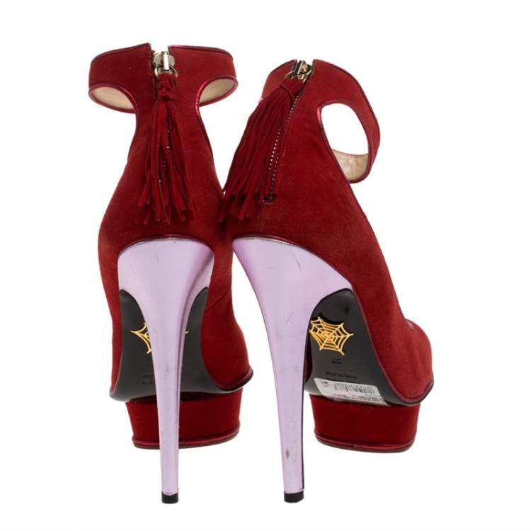 Pre Owned Charlotte Olympia Red Suede Dolores Ankle Strap Platform Pumps Size 37