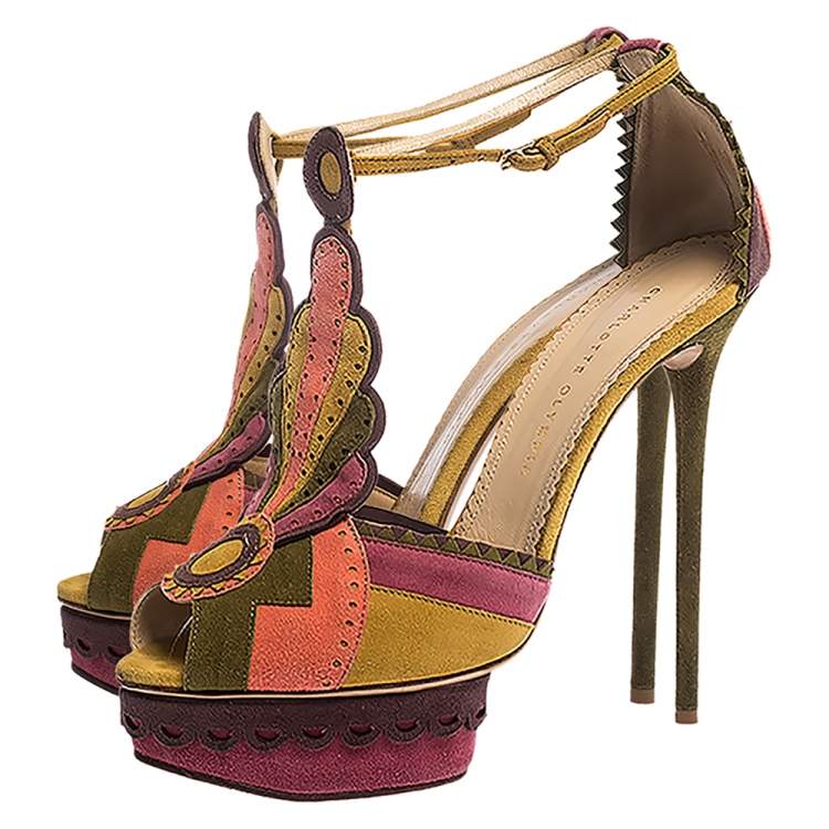 Pre Owned Charlotte Olympia Multicolor Suede Sunset Ankle Strap Platform Sandals Size 41