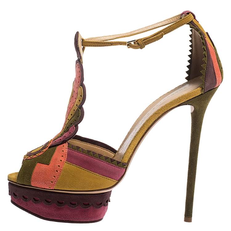 Pre Owned Charlotte Olympia Multicolor Suede Sunset Ankle Strap Platform Sandals Size 41