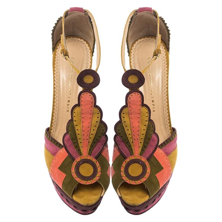 Pre Owned Charlotte Olympia Multicolor Suede Sunset Ankle Strap Platform Sandals Size 41