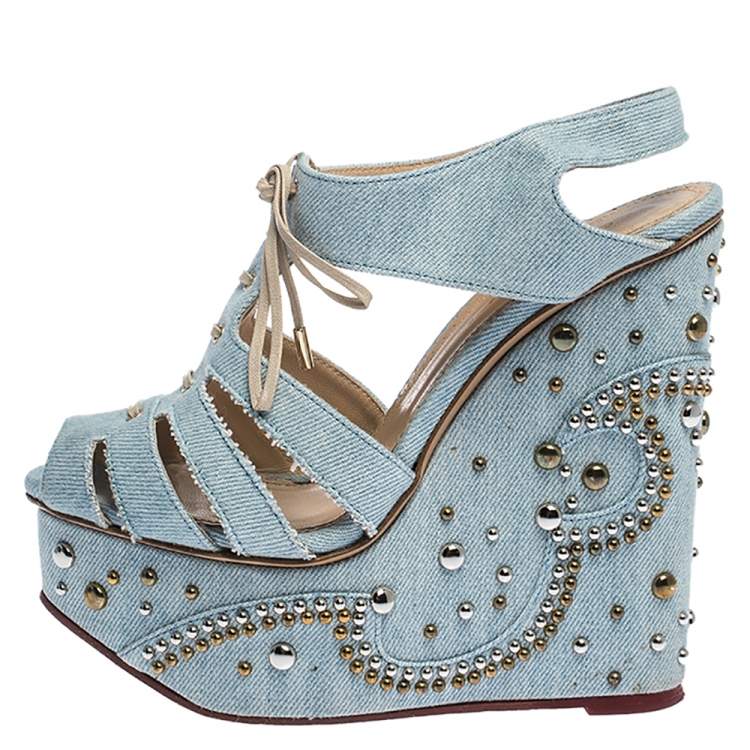 Pre Owned Charlotte Olympia Blue Denim Studded Cut Out Wedge Platform Sandals Size 37