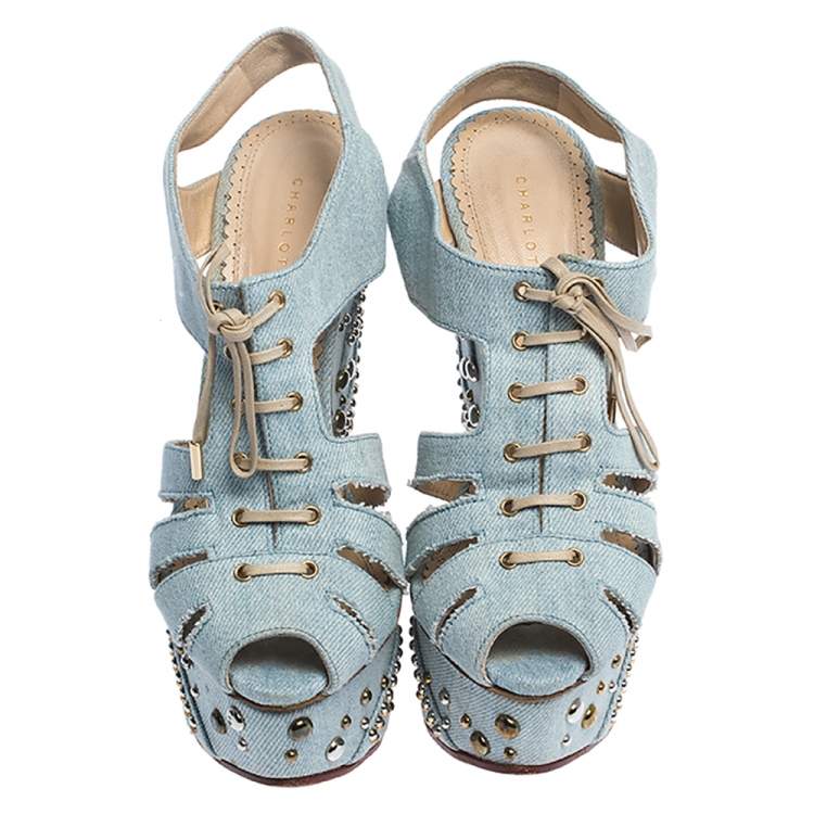 Pre Owned Charlotte Olympia Blue Denim Studded Cut Out Wedge Platform Sandals Size 37