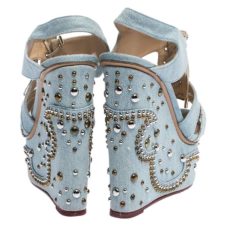 Pre Owned Charlotte Olympia Blue Denim Studded Cut Out Wedge Platform Sandals Size 37