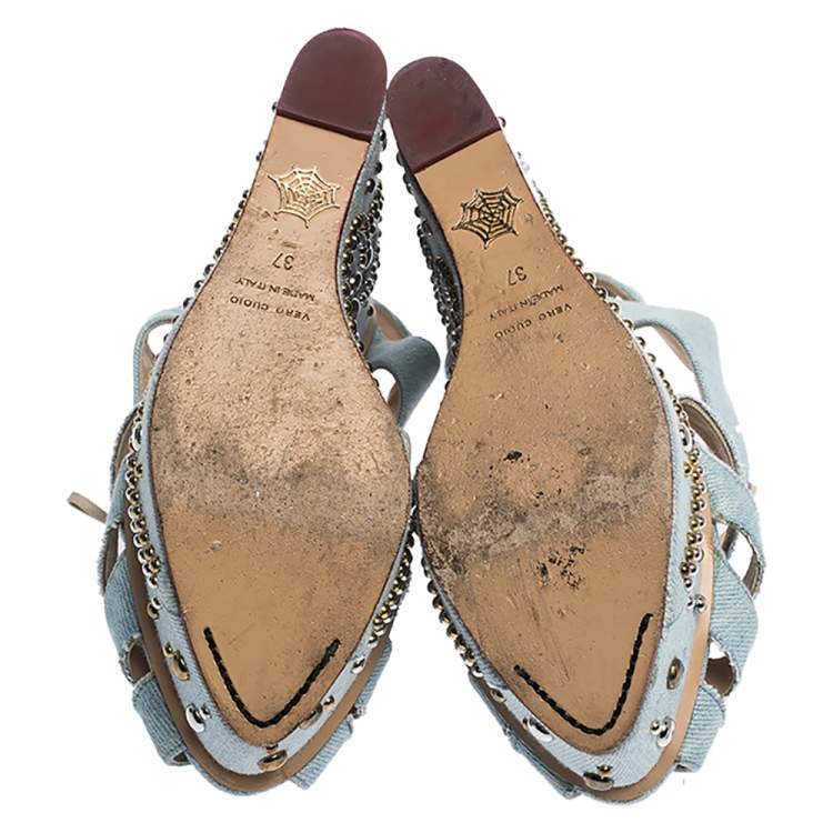 Pre Owned Charlotte Olympia Blue Denim Studded Cut Out Wedge Platform Sandals Size 37