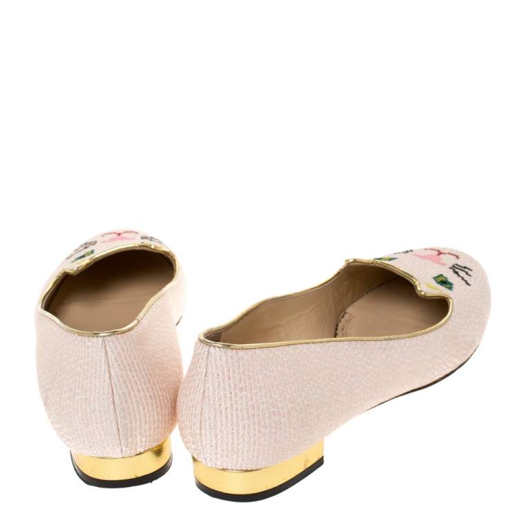 Pre Owned  Charlotte Olympia Beige Embroidered Canvas Emoticat Cheeky Kitty Ballet Flats Size 40