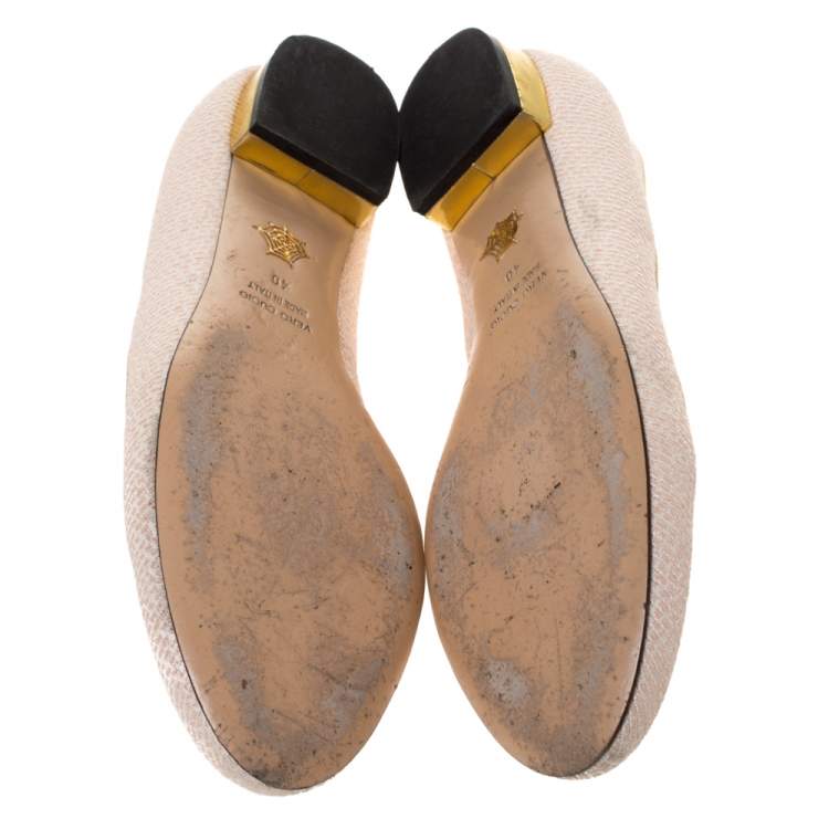 Pre Owned  Charlotte Olympia Beige Embroidered Canvas Emoticat Cheeky Kitty Ballet Flats Size 40