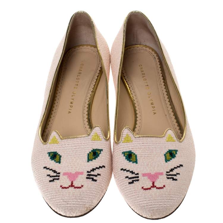 Pre Owned  Charlotte Olympia Beige Embroidered Canvas Emoticat Cheeky Kitty Ballet Flats Size 40