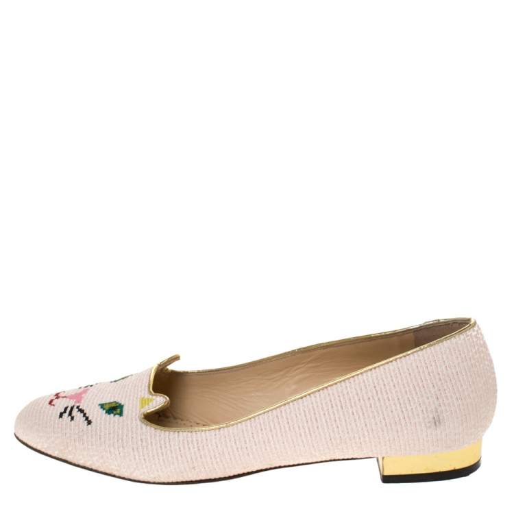 Pre Owned  Charlotte Olympia Beige Embroidered Canvas Emoticat Cheeky Kitty Ballet Flats Size 40