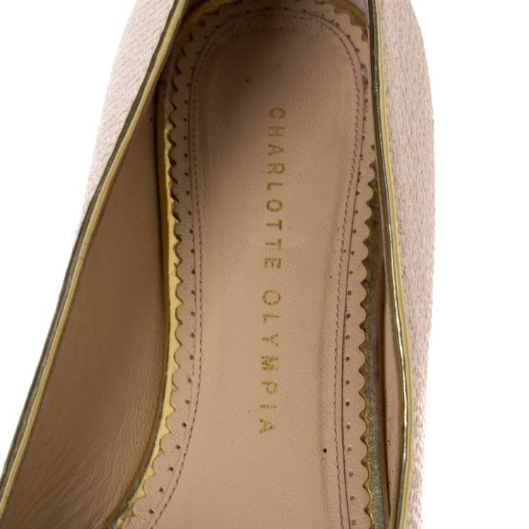 Pre Owned  Charlotte Olympia Beige Embroidered Canvas Emoticat Cheeky Kitty Ballet Flats Size 40