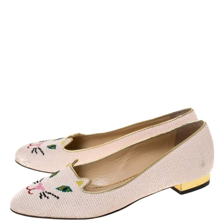 Pre Owned  Charlotte Olympia Beige Embroidered Canvas Emoticat Cheeky Kitty Ballet Flats Size 40