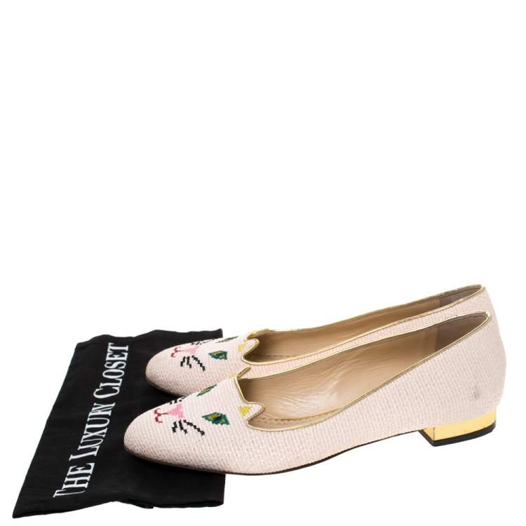 Pre Owned  Charlotte Olympia Beige Embroidered Canvas Emoticat Cheeky Kitty Ballet Flats Size 40