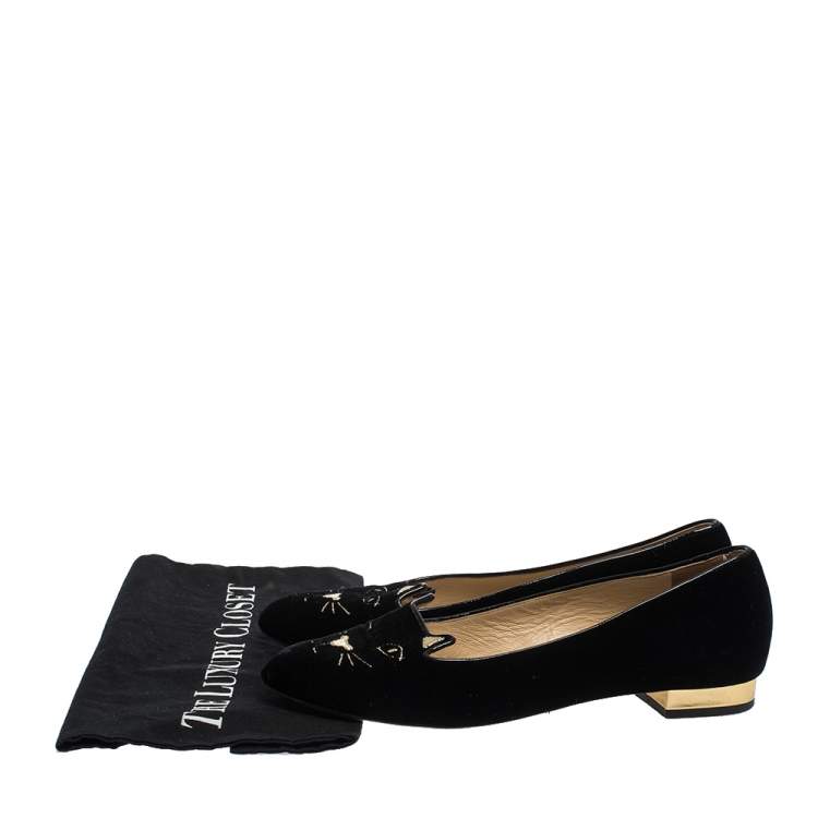 Pre Owned Charlotte Olympia Black Satin Kitty Ballet Flats Size 39