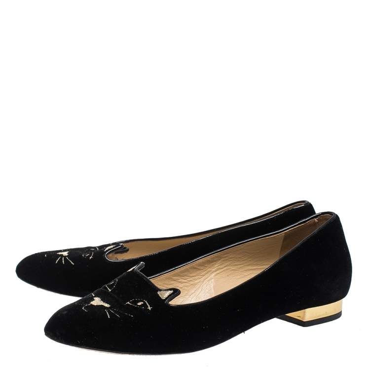 Pre Owned Charlotte Olympia Black Satin Kitty Ballet Flats Size 39