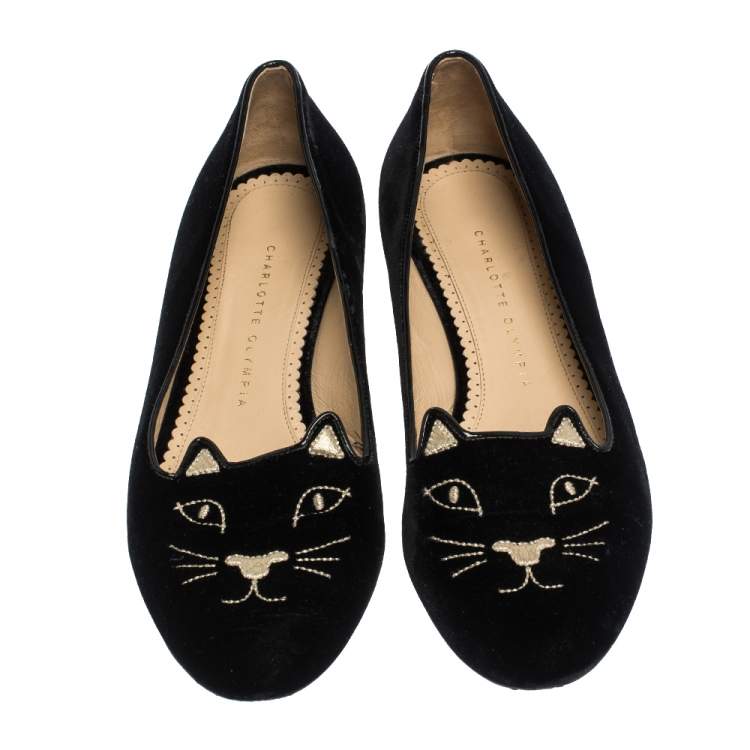 Pre Owned Charlotte Olympia Black Satin Kitty Ballet Flats Size 39