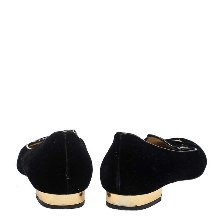 Pre Owned Charlotte Olympia Black Satin Kitty Ballet Flats Size 39