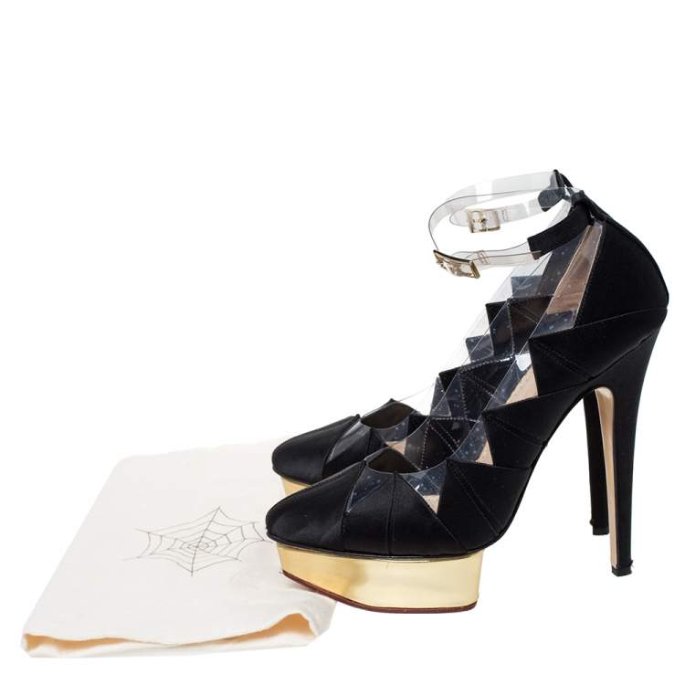 Pre Owned Charlotte Olympia Black Satin And PVC Origami Ankle Strap Platform Pumps Size 38.5