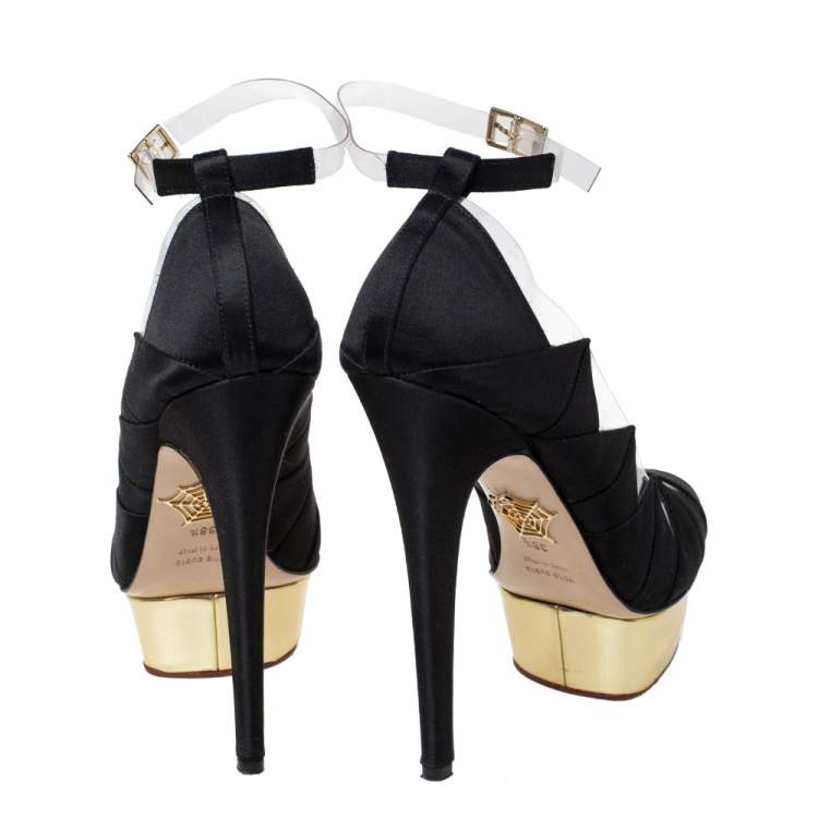 Pre Owned Charlotte Olympia Black Satin And PVC Origami Ankle Strap Platform Pumps Size 38.5