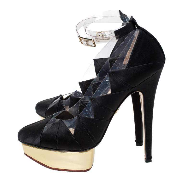 Pre Owned Charlotte Olympia Black Satin And PVC Origami Ankle Strap Platform Pumps Size 38.5