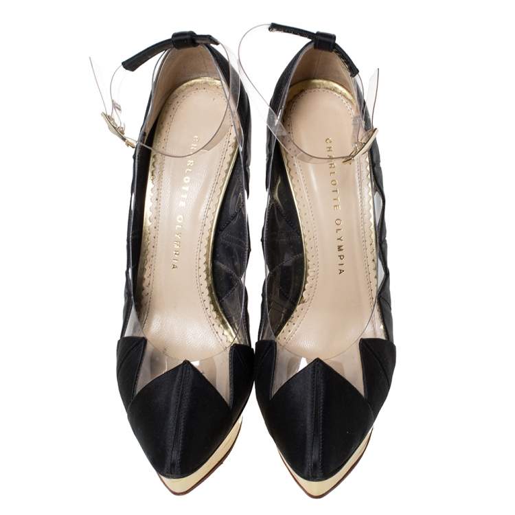 Pre Owned Charlotte Olympia Black Satin And PVC Origami Ankle Strap Platform Pumps Size 38.5