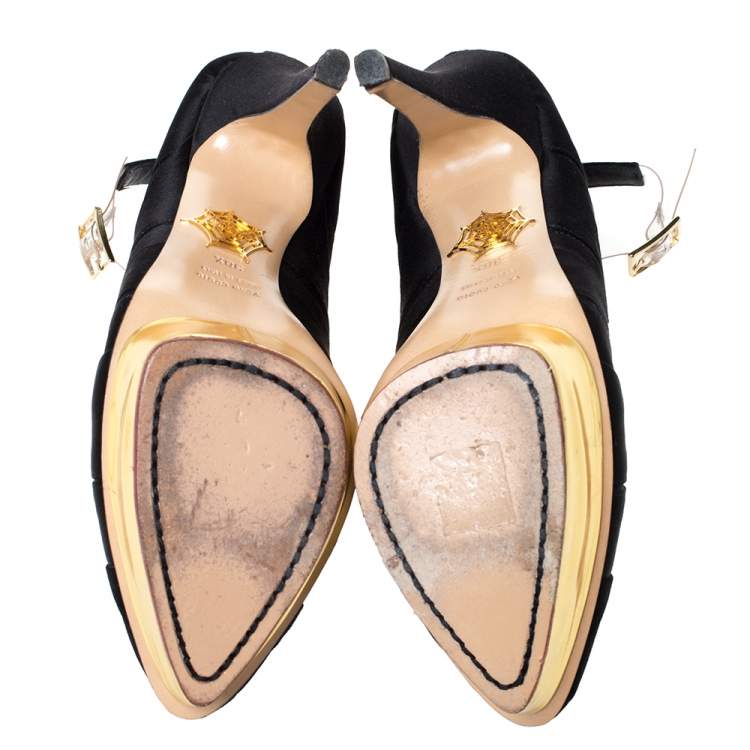 Pre Owned Charlotte Olympia Black Satin And PVC Origami Ankle Strap Platform Pumps Size 38.5