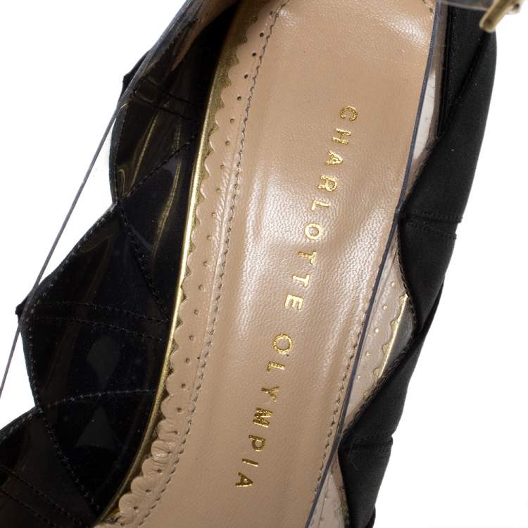 Pre Owned Charlotte Olympia Black Satin And PVC Origami Ankle Strap Platform Pumps Size 38.5