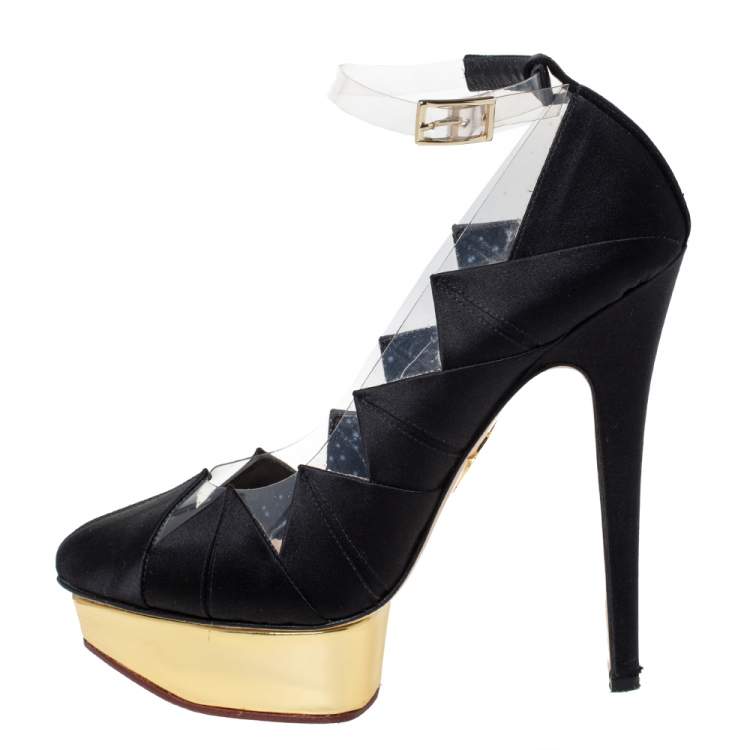 Pre Owned Charlotte Olympia Black Satin And PVC Origami Ankle Strap Platform Pumps Size 38.5