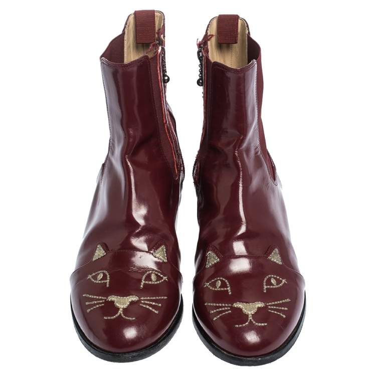 Pre Owned Charlotte Olympia Red Leather Kitty Ankle Boots Size 36