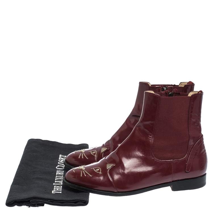 Pre Owned Charlotte Olympia Red Leather Kitty Ankle Boots Size 36
