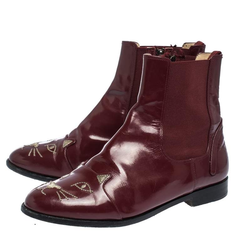 Pre Owned Charlotte Olympia Red Leather Kitty Ankle Boots Size 36