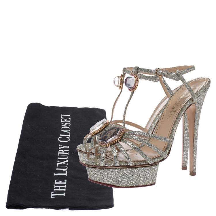Pre Owned Charlotte Olympia Silver Glitter Fabric Leading Lady Platform Ankle Strap Sandals 41