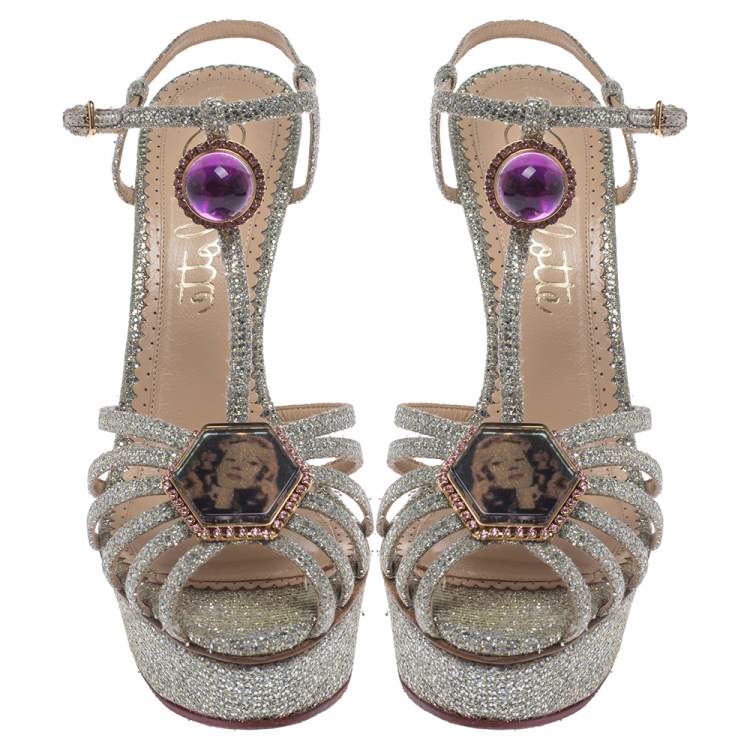 Pre Owned Charlotte Olympia Silver Glitter Fabric Leading Lady Platform Ankle Strap Sandals 41