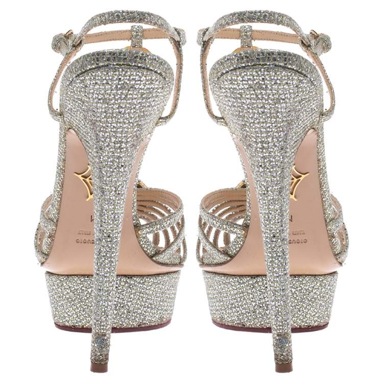 Pre Owned Charlotte Olympia Silver Glitter Fabric Leading Lady Platform Ankle Strap Sandals 41