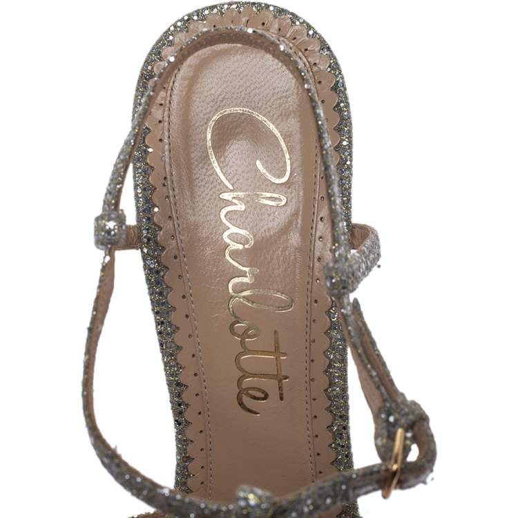 Pre Owned Charlotte Olympia Silver Glitter Fabric Leading Lady Platform Ankle Strap Sandals 41