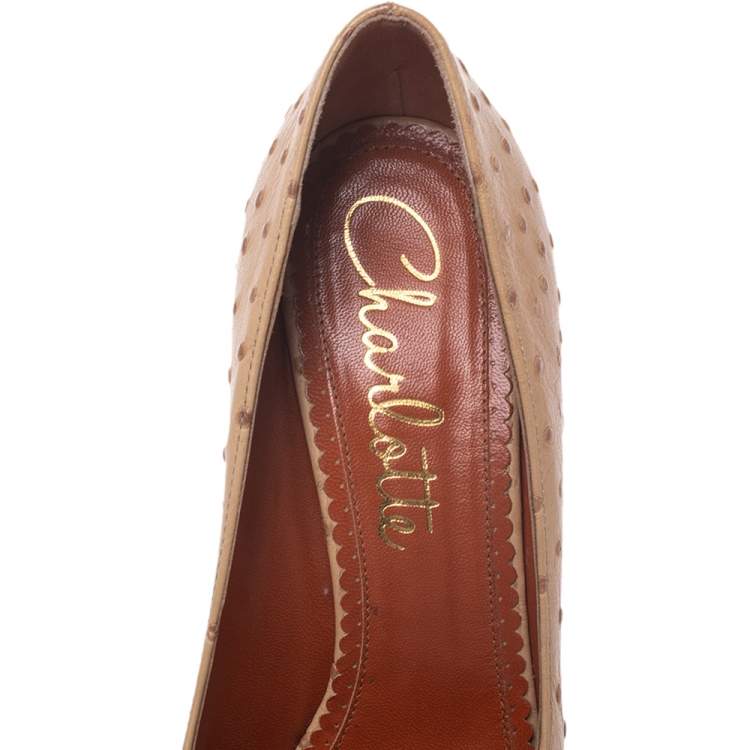 مملوكة مسبقًا Charlotte Olympia Beige Ostrich Embossed Leather Dolly Platform Pumps Size 38