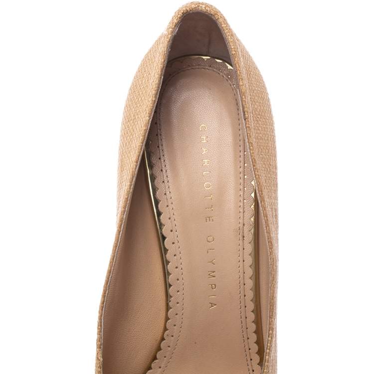 Pre Owned Charlotte Olympia Beige Raffia Dolly Platform Pumps Size 37