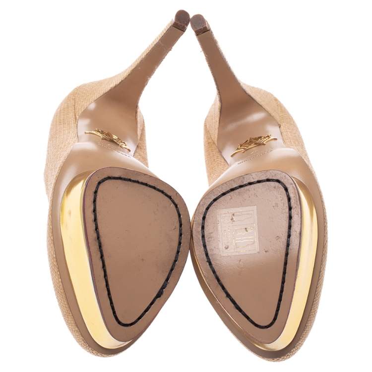 Pre Owned Charlotte Olympia Beige Raffia Dolly Platform Pumps Size 37